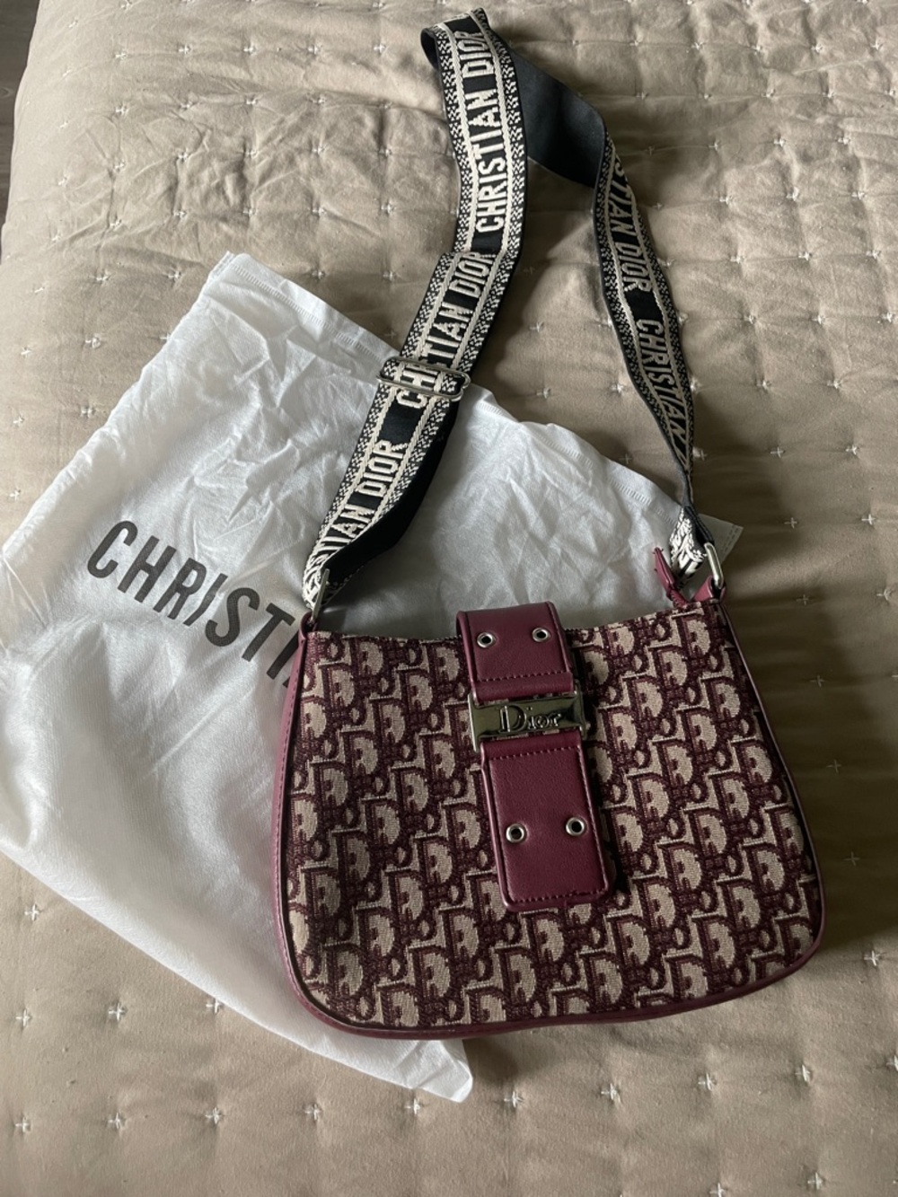 Dior Crossbody Bag fabric burgundy canvas and black nylon embroidered strap